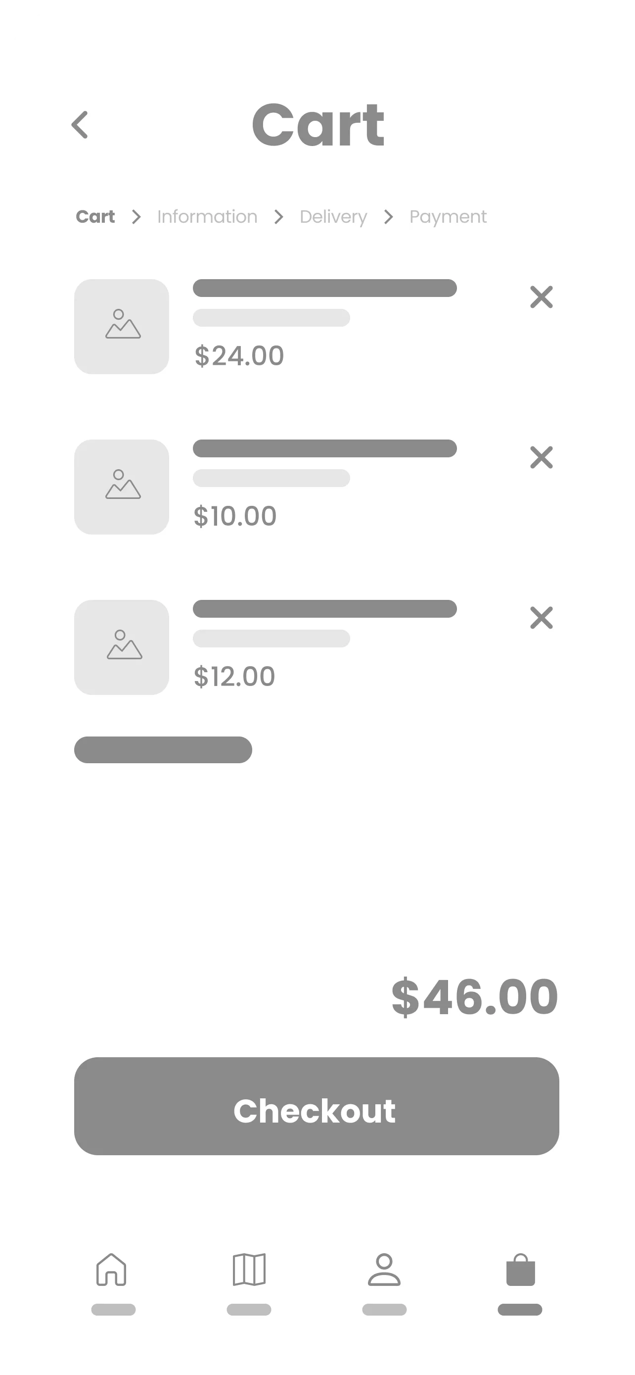 Coffee House app digital wireframe cart screen