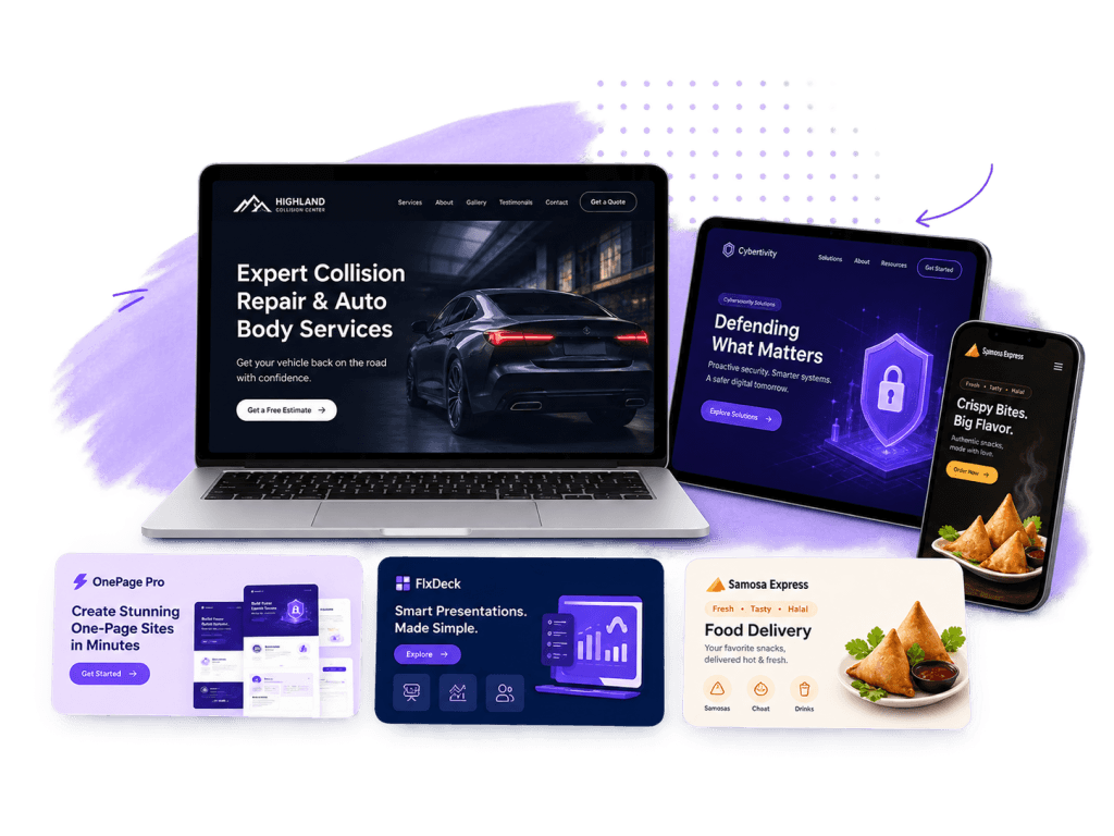 Dark-themed responsive website and mobile interface designs shown across multiple devices
