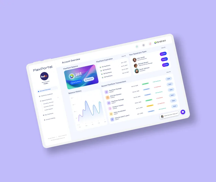 Dynatrace flex portal overview light dashboard on white tablet mockup on light purple BG