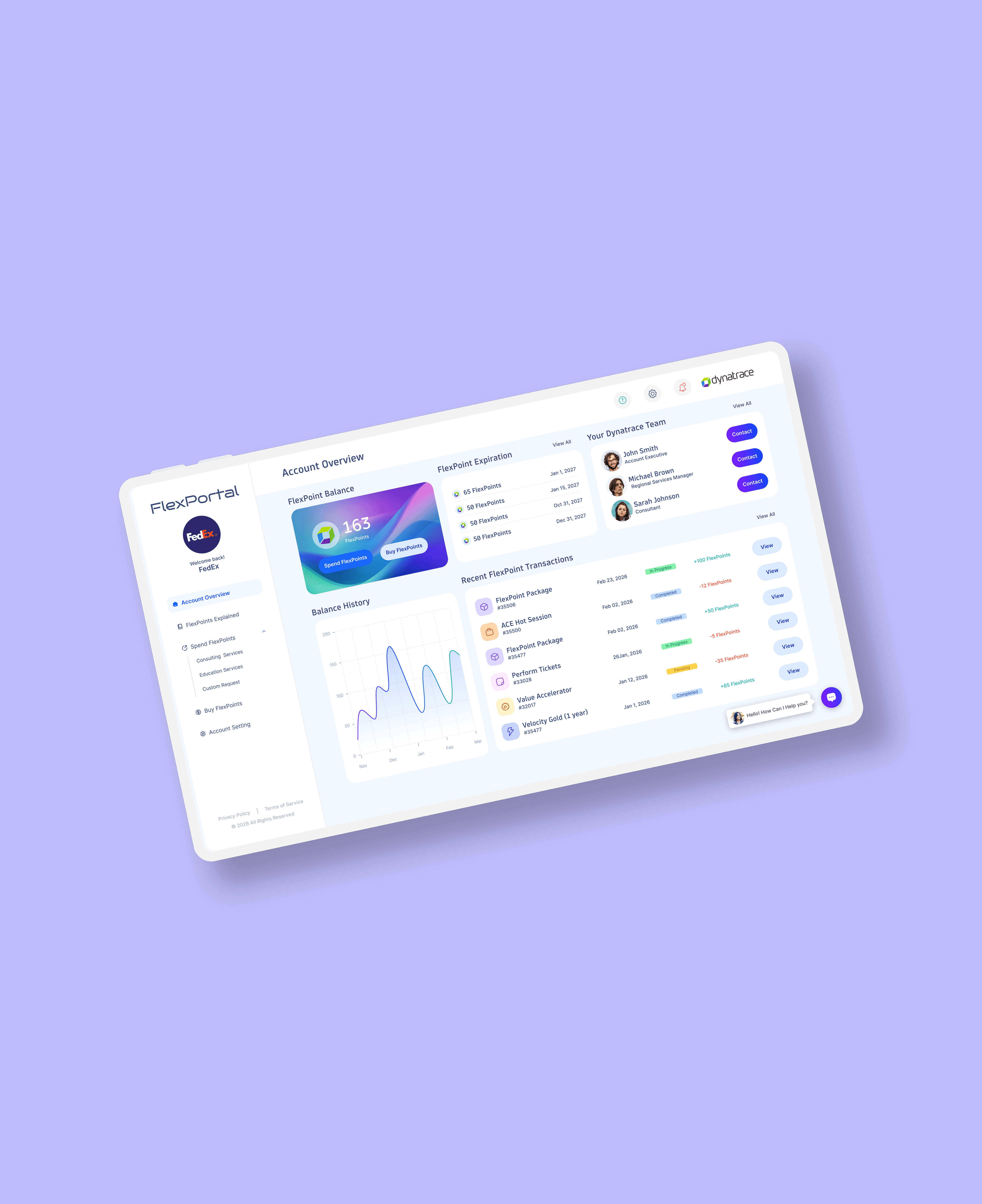 Dynatrace flex portal overview light dashboard on white tablet mockup on light purple BG