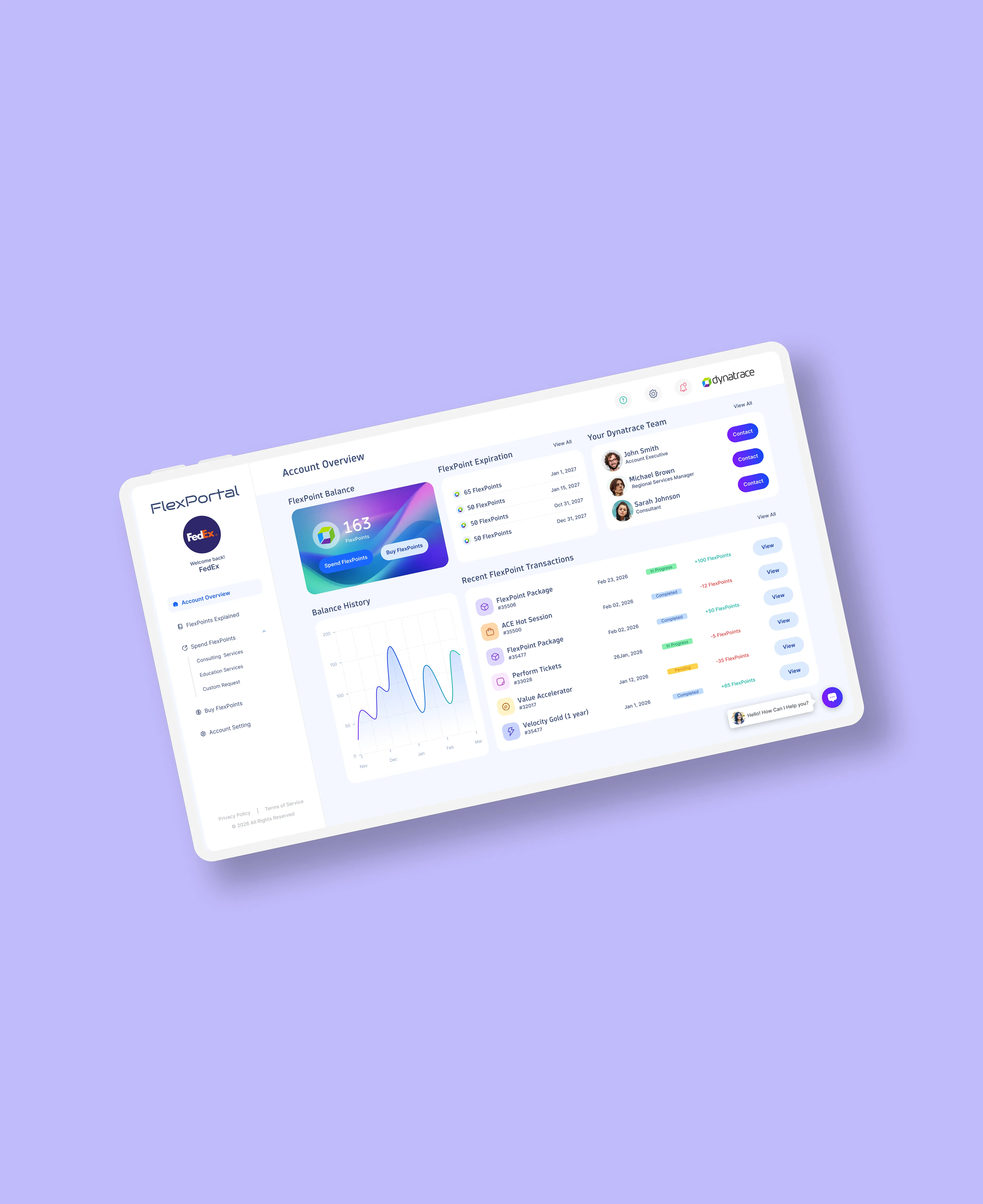 Dynatrace flex portal overview light dashboard on white tablet mockup on light purple BG