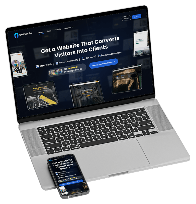 OnePage Pro responsive landing page on mackbook and iphone