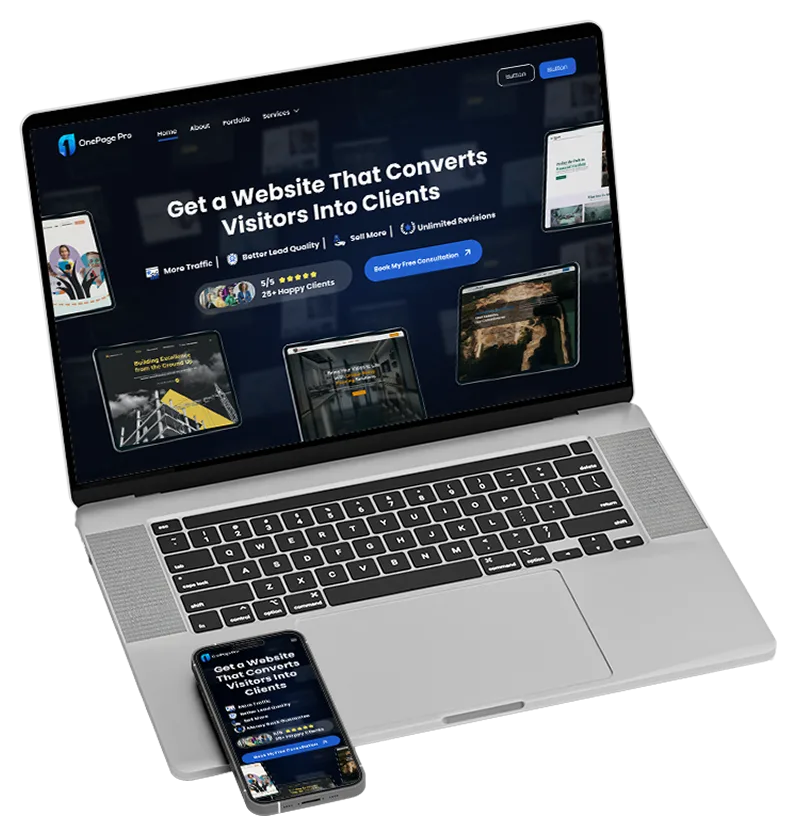 OnePage Pro responsive landing page on mackbook and iphone