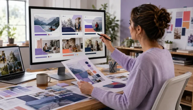 Graphic designer reviewing AI-assisted advertising layouts against brand guidelines and coordinated campaign assets.