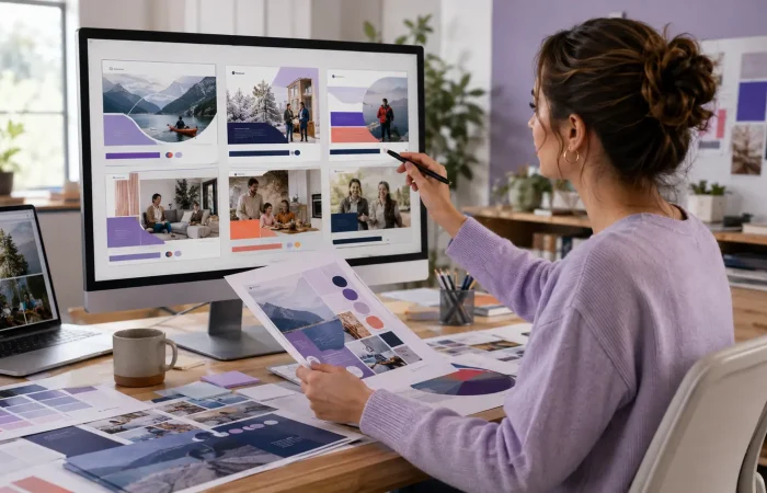 Graphic designer reviewing AI-assisted advertising layouts against brand guidelines and coordinated campaign assets.