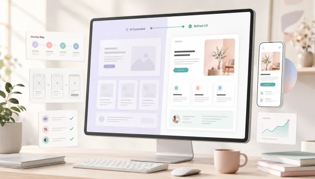 Bright comparison between a generic AI-generated website and a refined UX-designed customer journey
