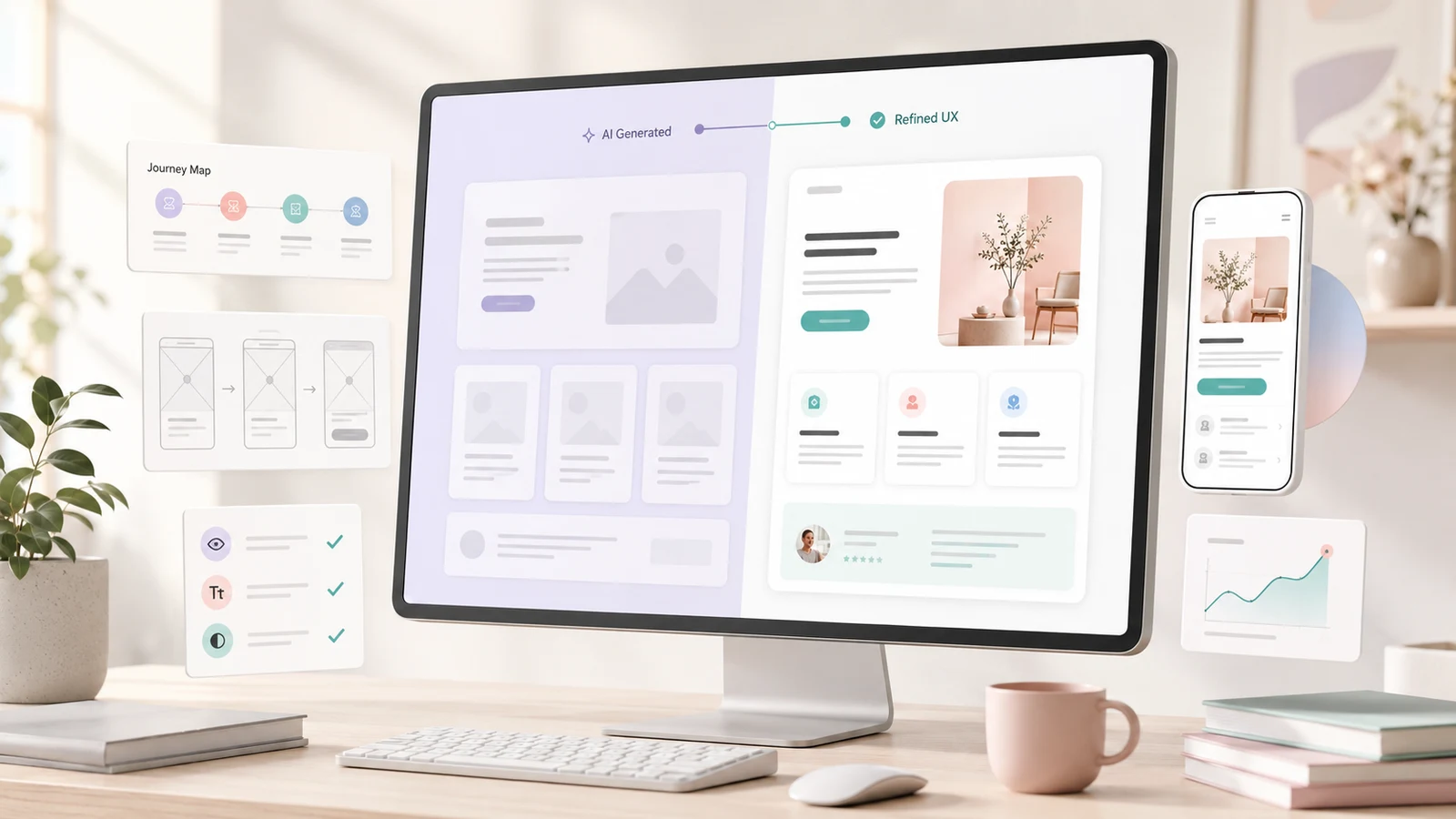 Bright comparison between a generic AI-generated website and a refined UX-designed customer journey