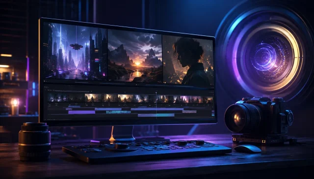 AI video editing workspace showing cinematic generated scenes and a film timeline