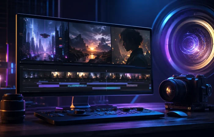 AI video editing workspace showing cinematic generated scenes and a film timeline