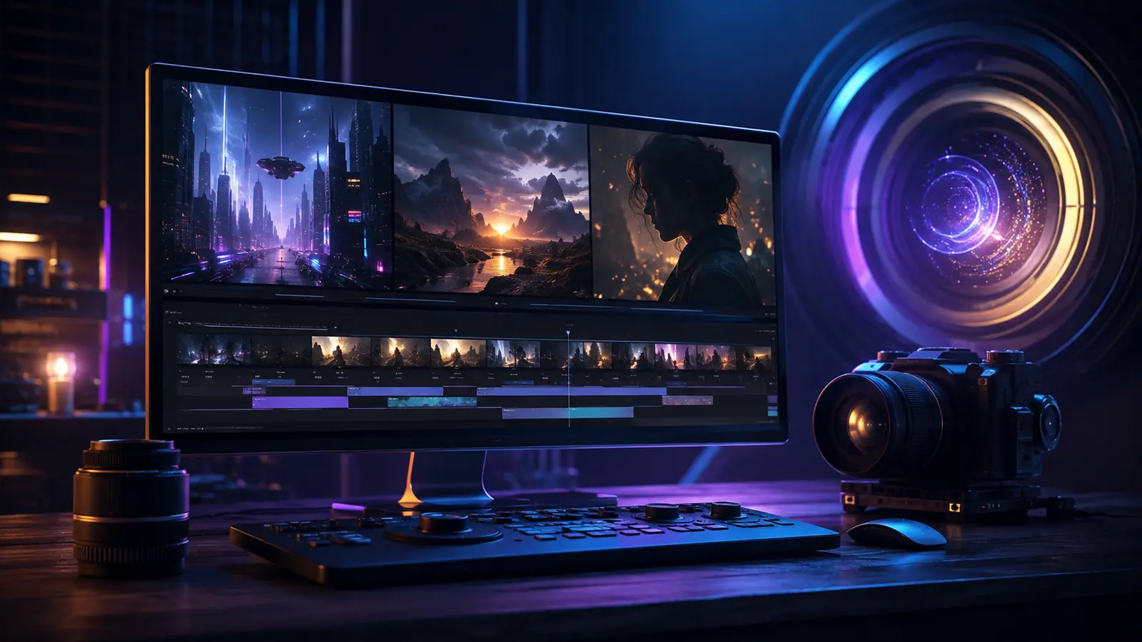 AI video editing workspace showing cinematic generated scenes and a film timeline