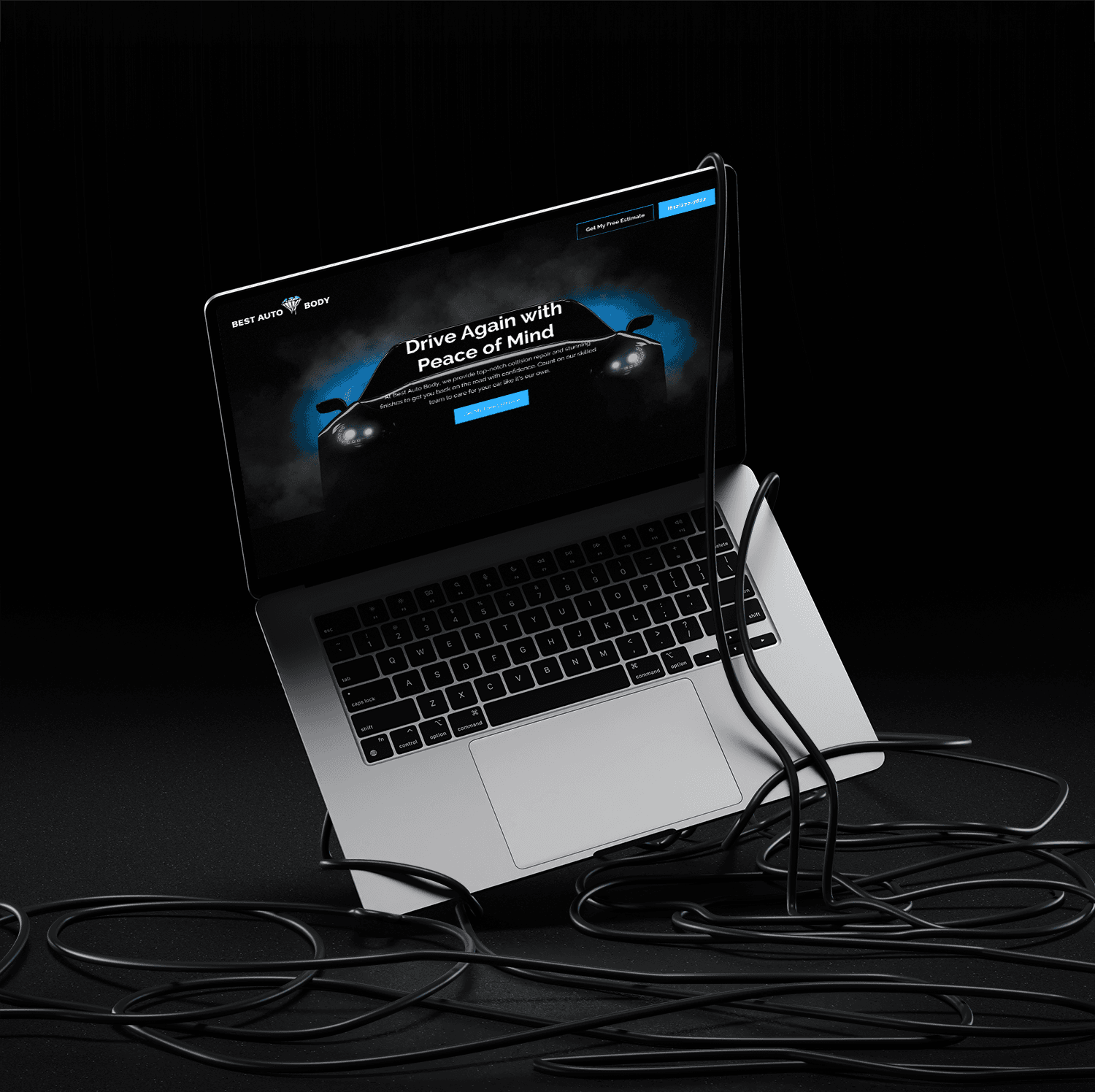 best auto body landing page dark laptop mockup