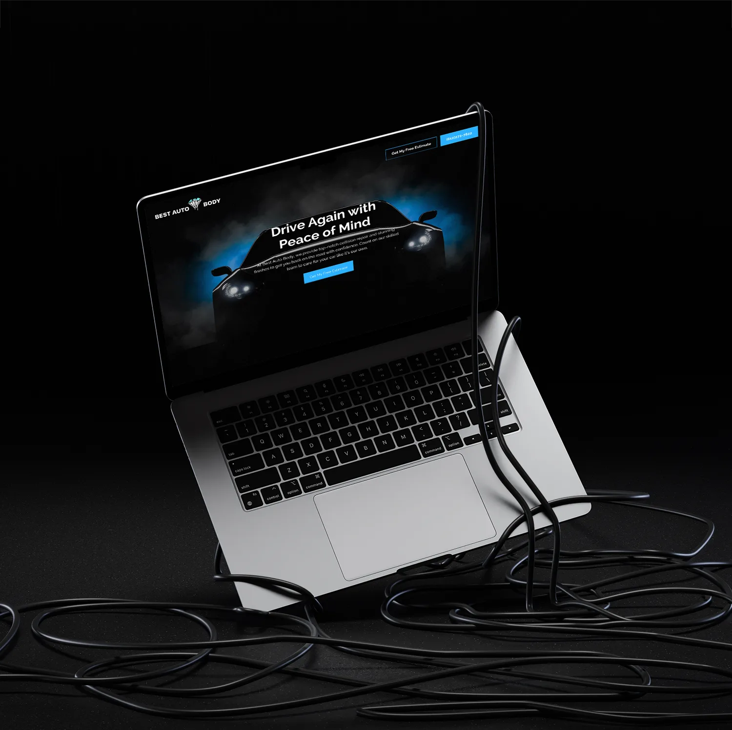 best auto body landing page dark laptop mockup