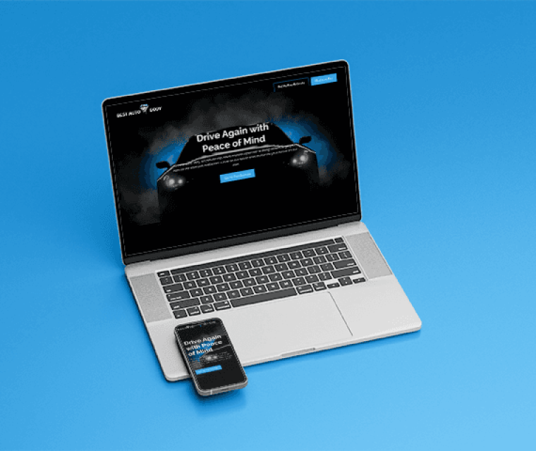 Best Auto Body landing page shown on laptop and mobile mockups.