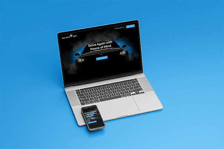 Best Auto Body landing page shown on laptop and mobile mockups.
