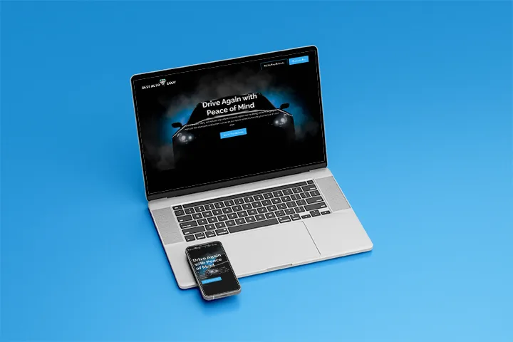 Best Auto Body landing page shown on laptop and mobile mockups.