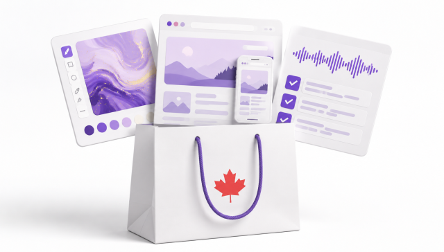 White shopping bag with a red maple leaf and panels for image creation, website layouts and meeting notes.
