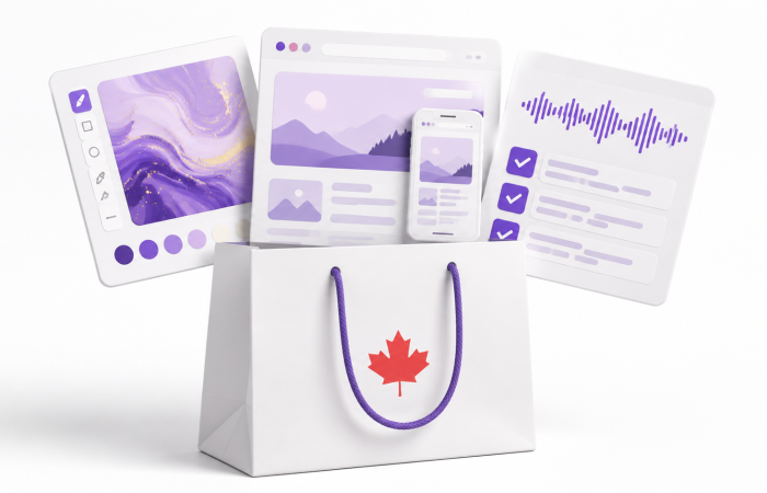 White shopping bag with a red maple leaf and panels for image creation, website layouts and meeting notes.