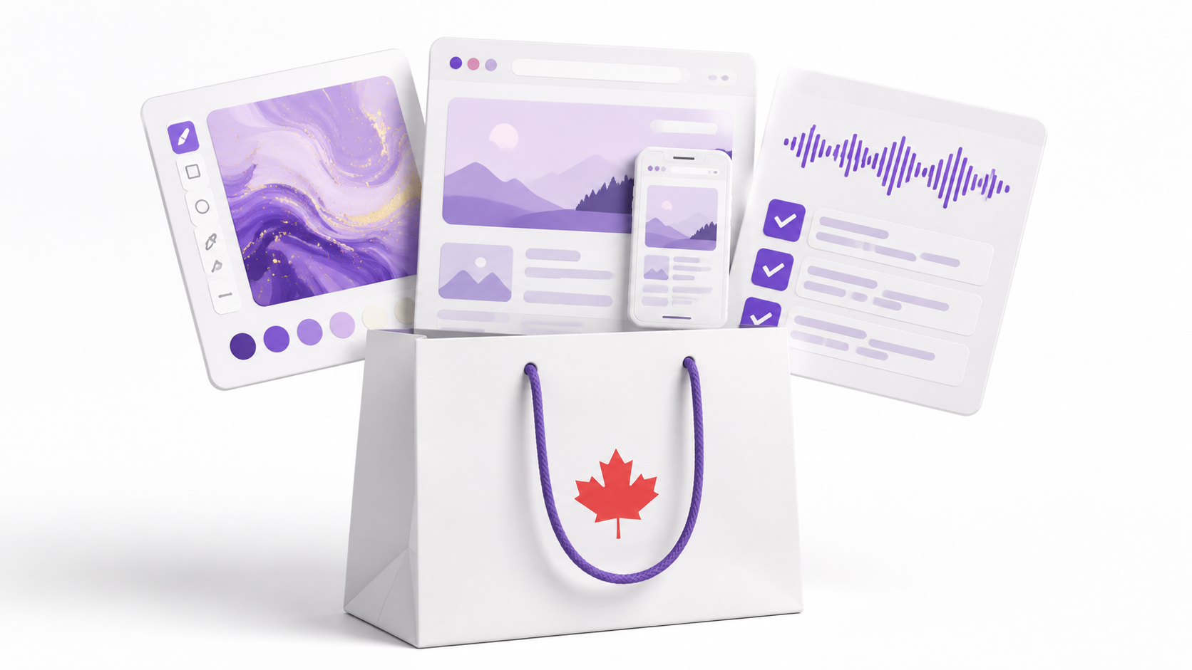 White shopping bag with a red maple leaf and panels for image creation, website layouts and meeting notes.