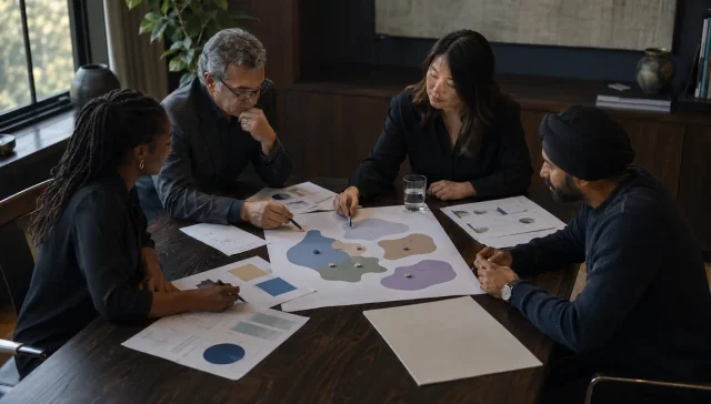 Canadian service-business team reviewing plans for an international market