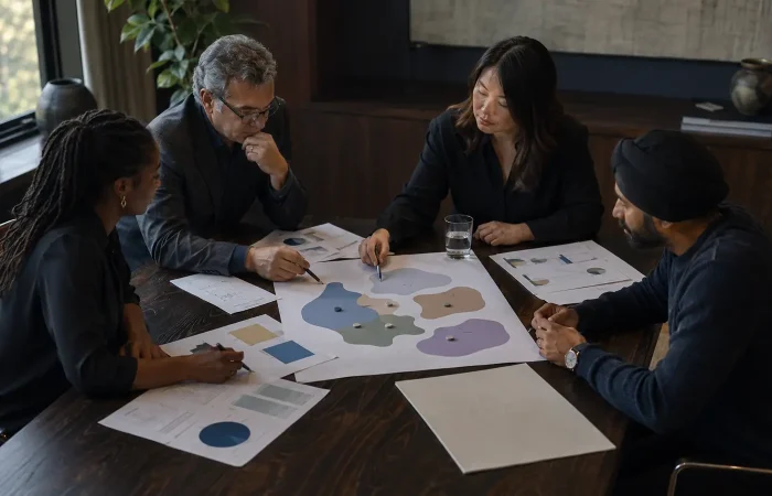 Canadian service-business team reviewing plans for an international market