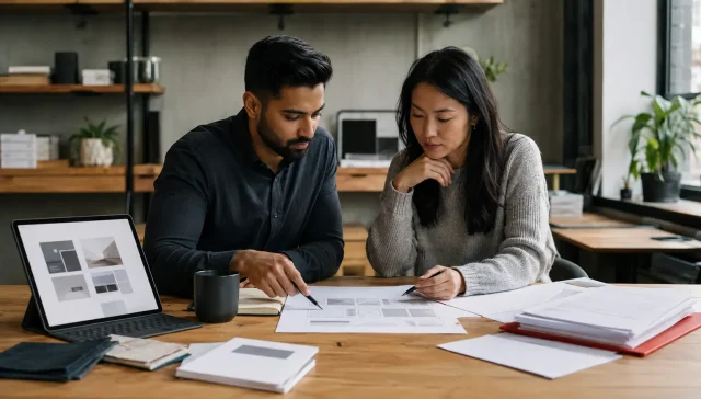 Two small-business professionals reviewing website layouts and procurement documents.