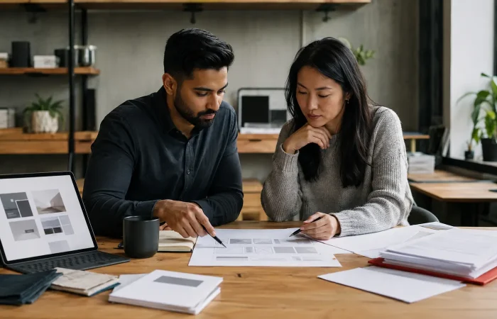Two small-business professionals reviewing website layouts and procurement documents.