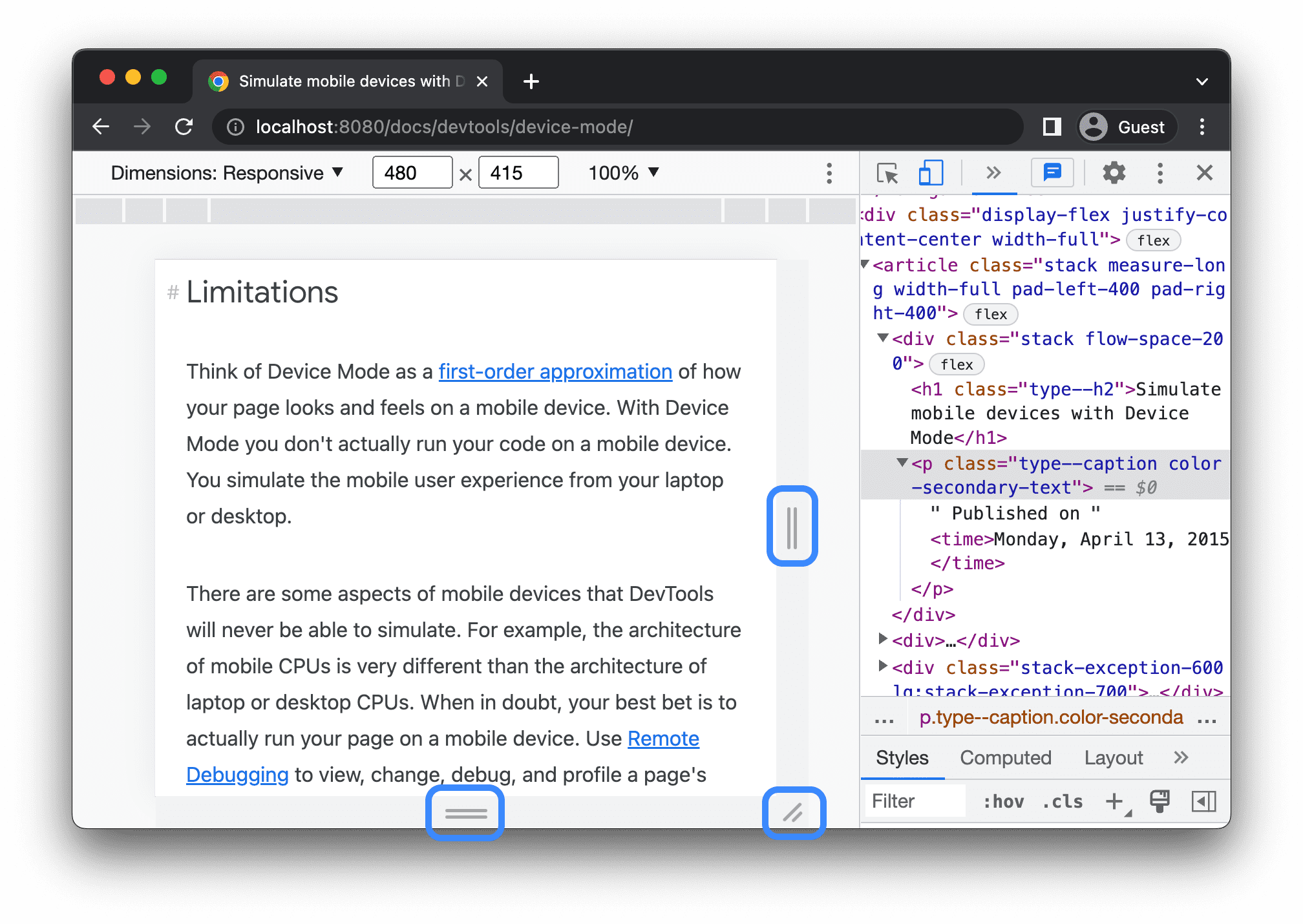Chrome DevTools Device Mode showing a responsive viewport resized to 480 by 415 pixels