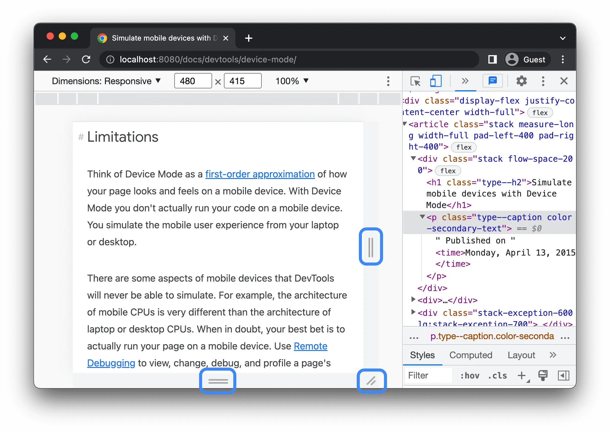Chrome DevTools Device Mode showing a responsive viewport resized to 480 by 415 pixels