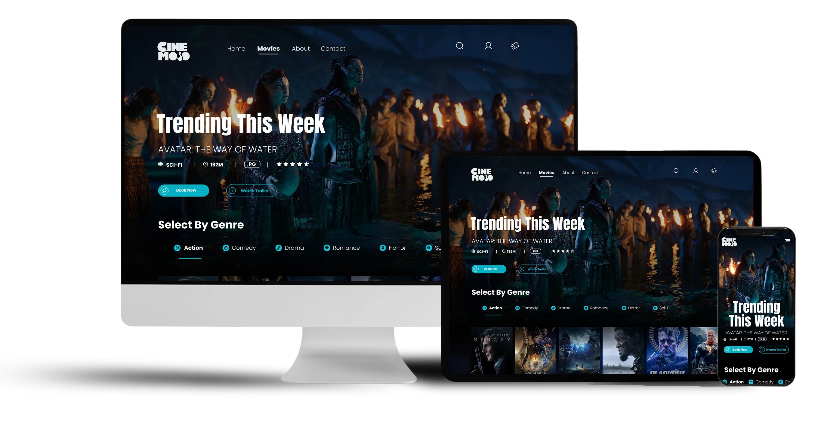 Cinemojo responsive website shown across desktop, tablet and mobile screens