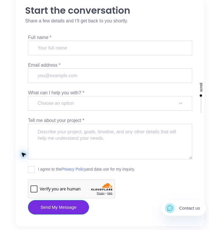 Zahra Ali contact form with blank fields for name, email, service selection and project details