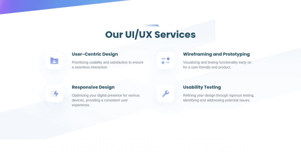 Zahra Ali UX/UI services page showing User-Centric Design, Wireframing and Prototyping, Responsive Design and Usability Testing