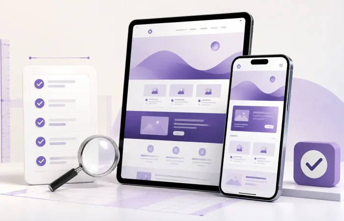 Tablet and phone displaying responsive website layouts beside a mobile QA checklist