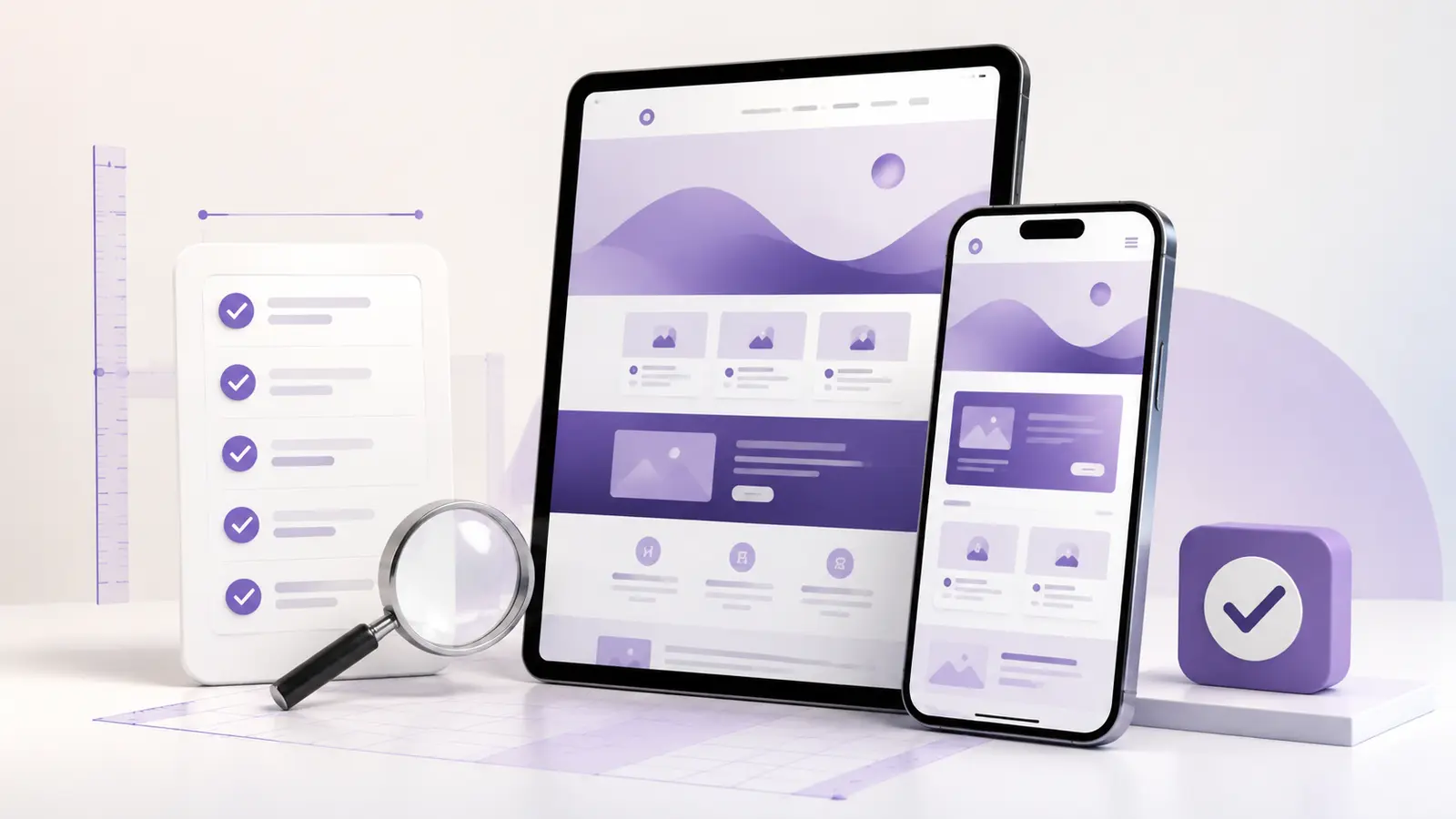 Tablet and phone displaying responsive website layouts beside a mobile QA checklist