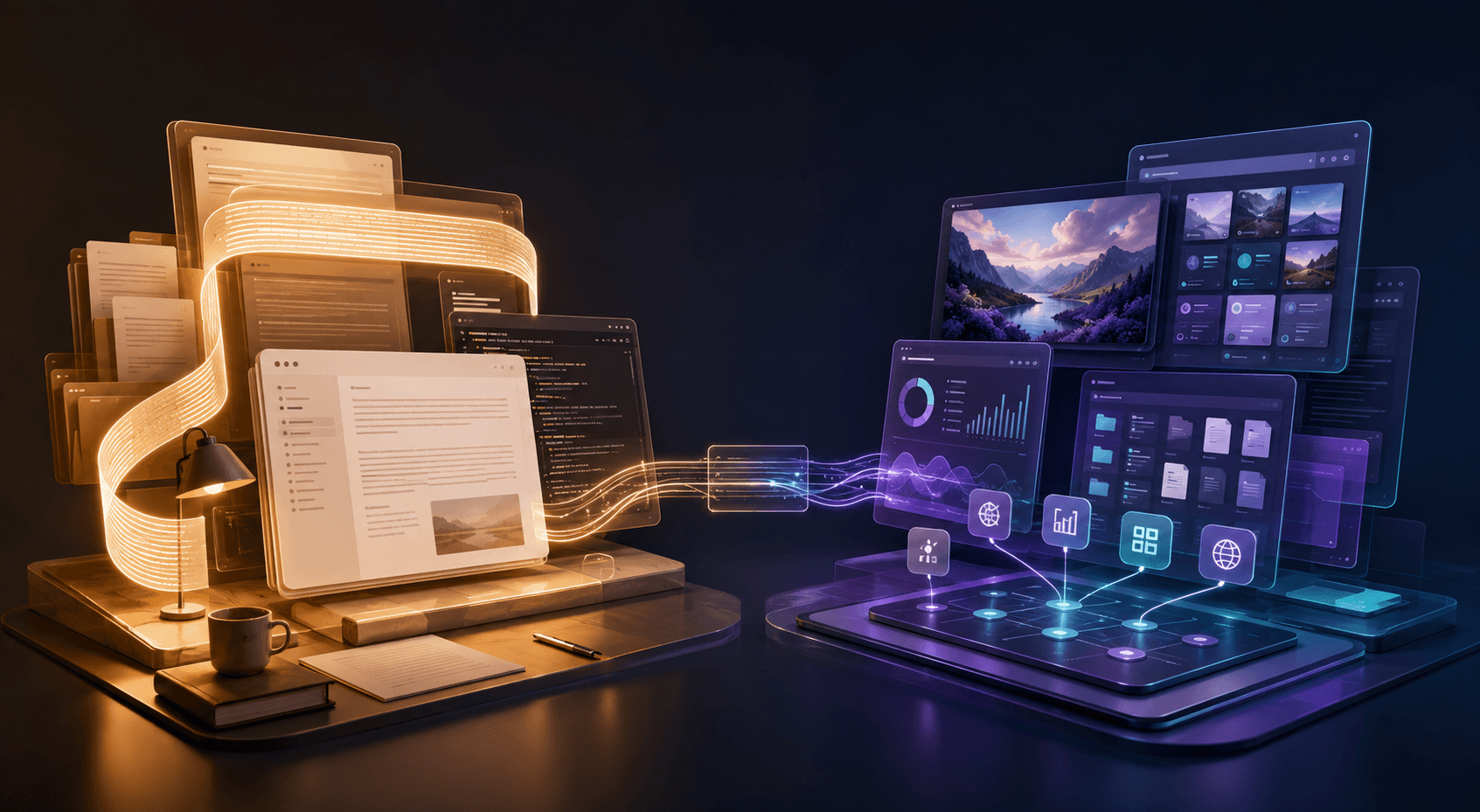 Claude and ChatGPT represented as complementary AI workspaces for writing, coding, research and visual work