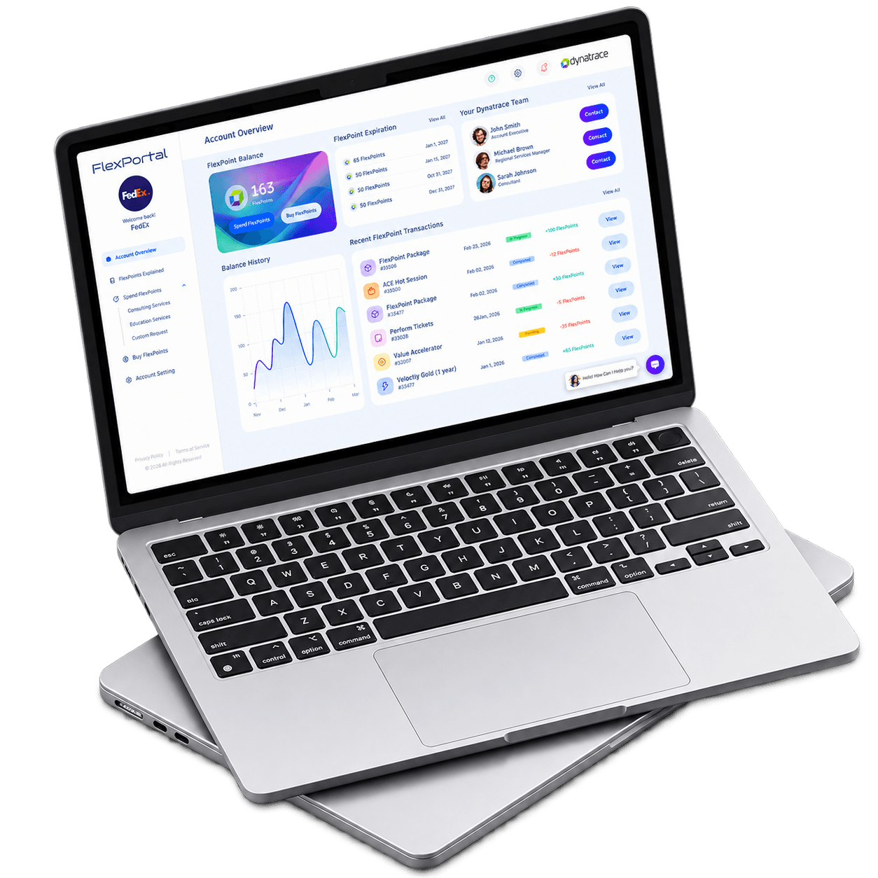 FlexPortal light dashboard displayed on a modern laptop mockup.