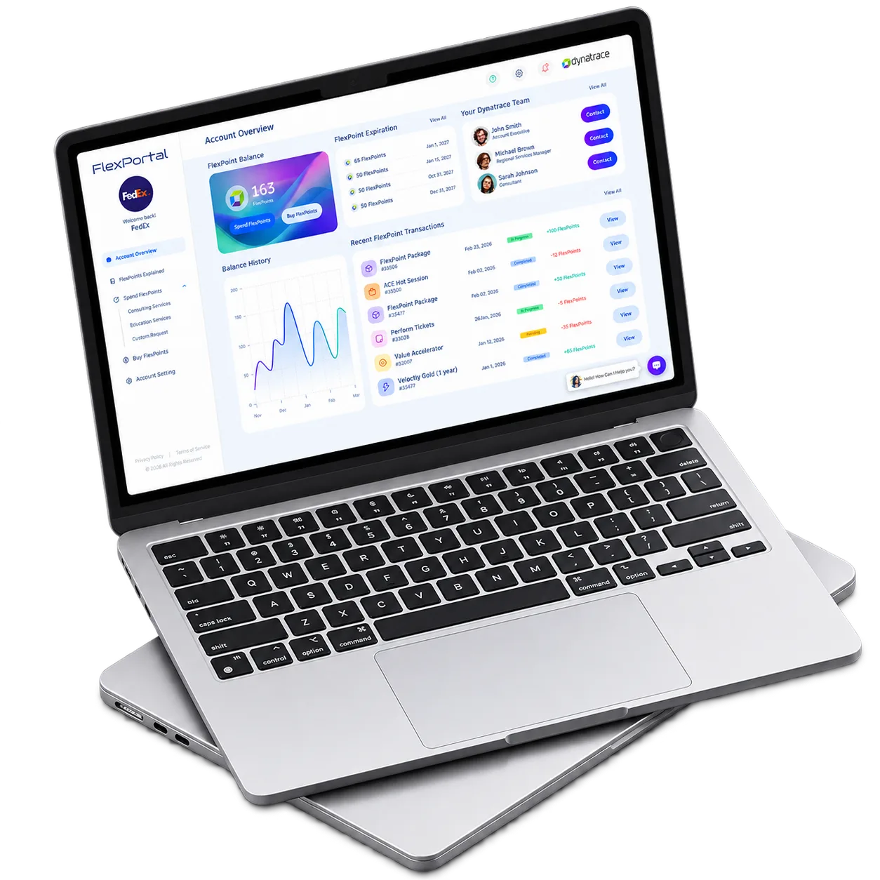 FlexPortal light dashboard displayed on a modern laptop mockup.