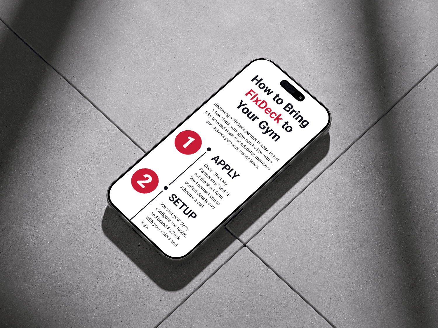 flxdeck gym implementation process mobile mockup