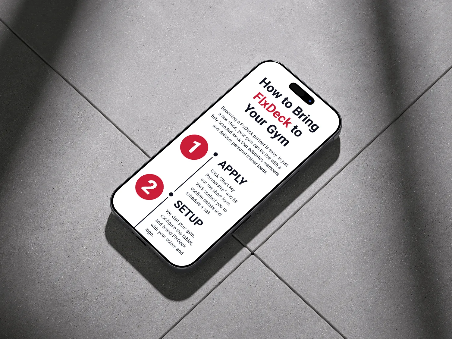 flxdeck gym implementation process mobile mockup