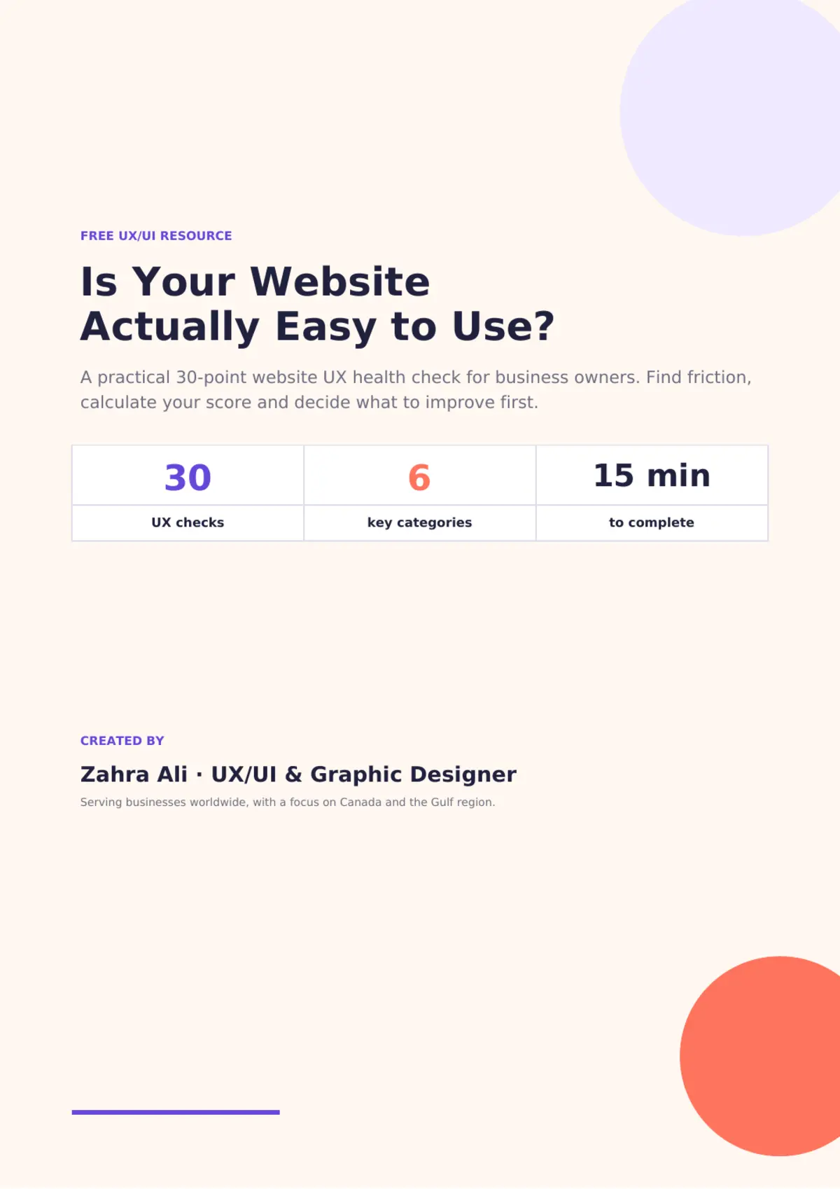 Cover of the free 30-point website UX audit checklist by Zahra Ali