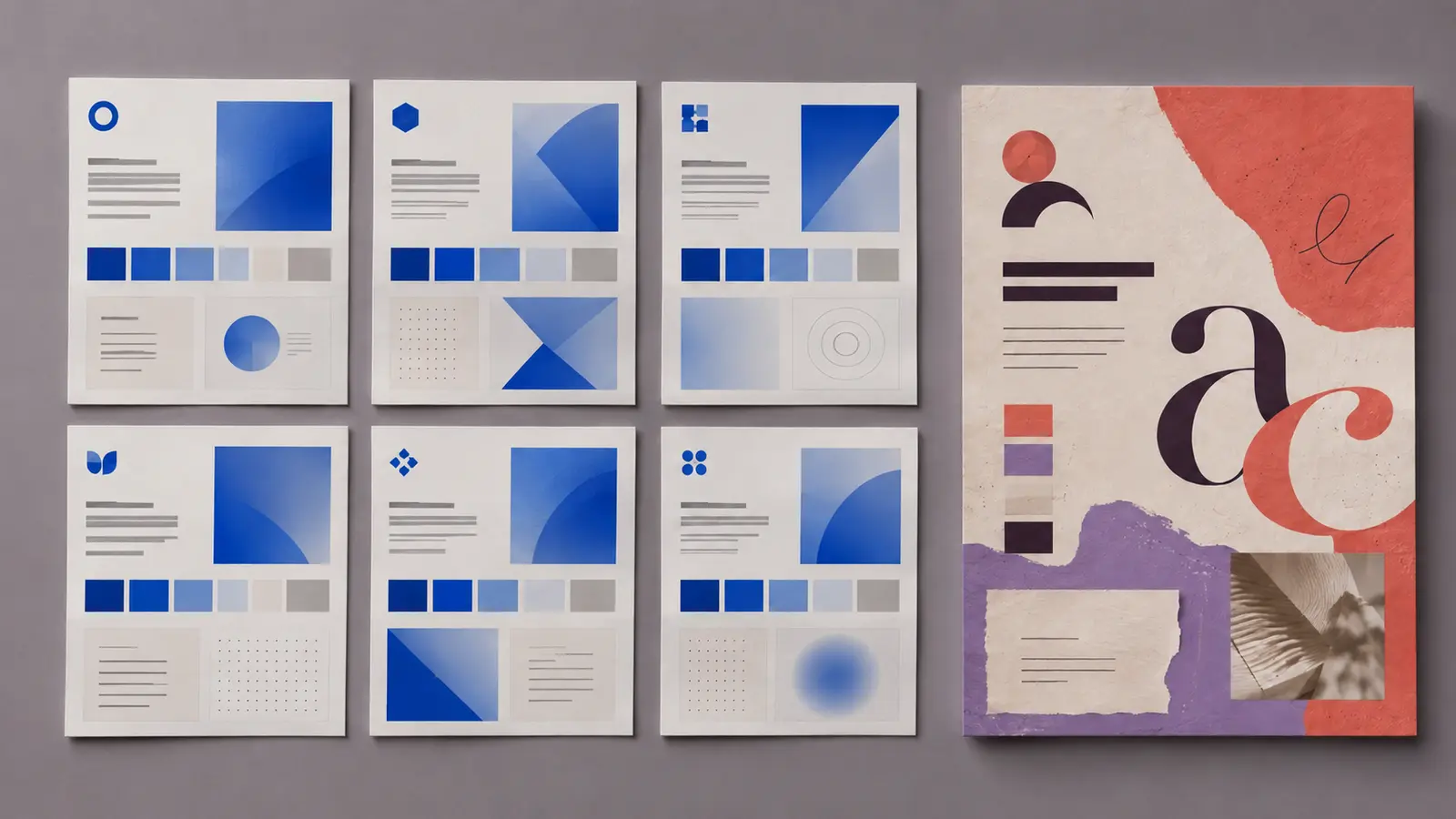 Similar blue brand boards contrasted with a distinctive coral and lavender visual identity