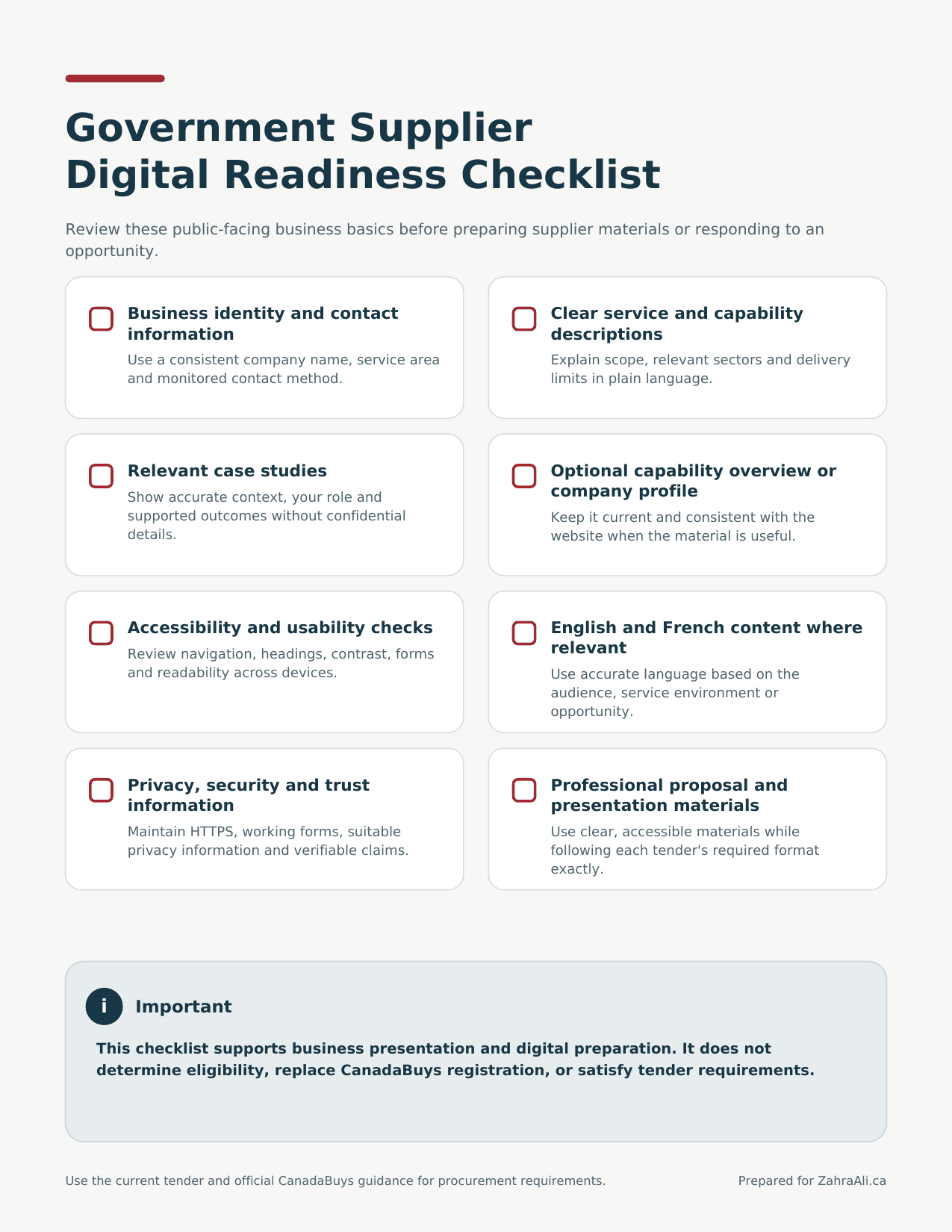 Government Supplier Digital Readiness Checklist covering eight public-facing business basics.