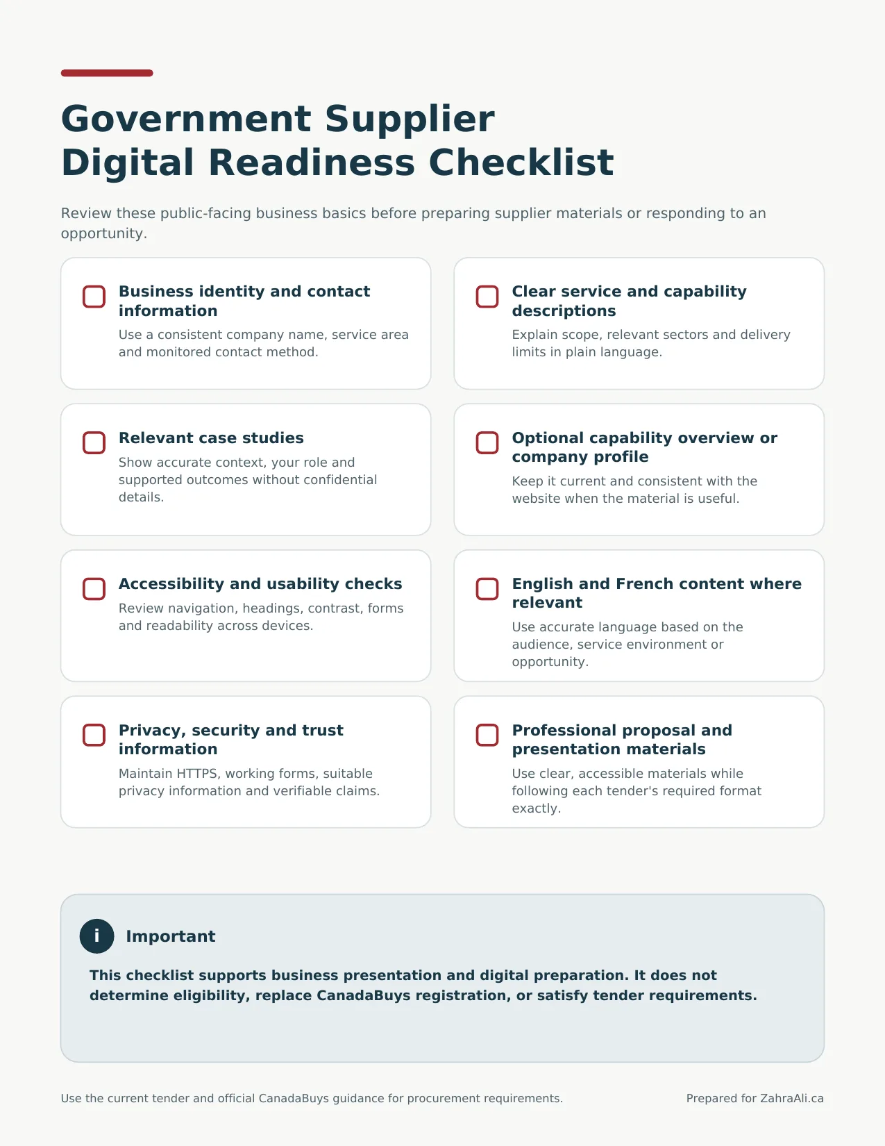 Government Supplier Digital Readiness Checklist covering eight public-facing business basics.