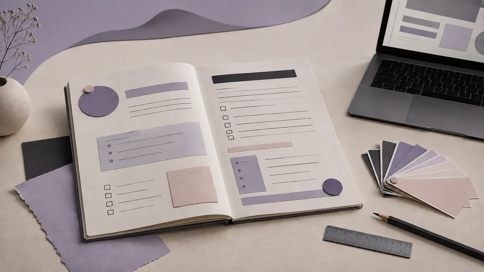 Graphic design project brief open beside a laptop, colour swatches and planning tools
