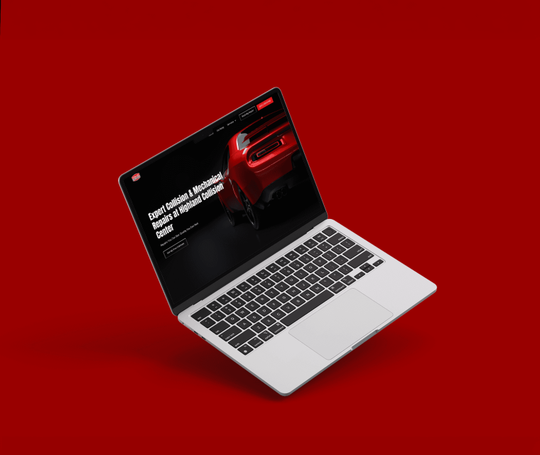 MacBook mockup showing the Highland Collision Center homepage design on a red background