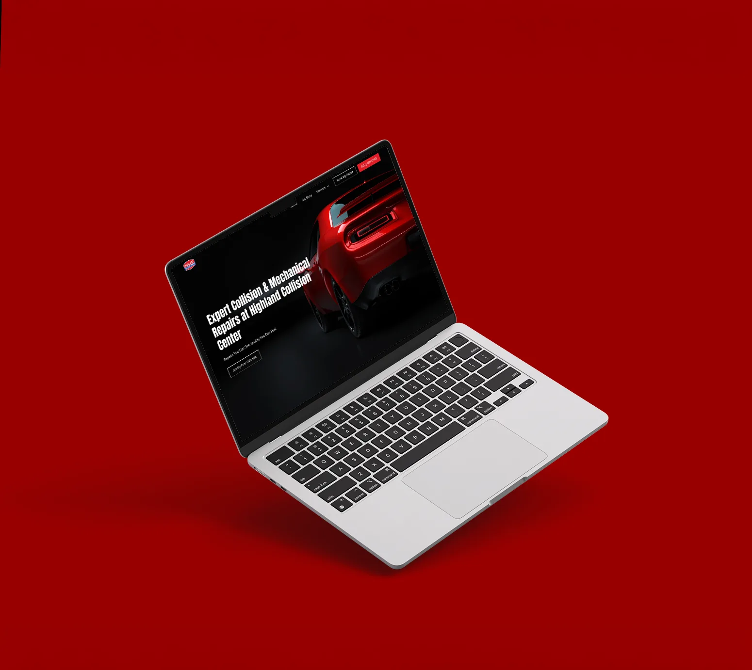 MacBook mockup showing the Highland Collision Center homepage design on a red background