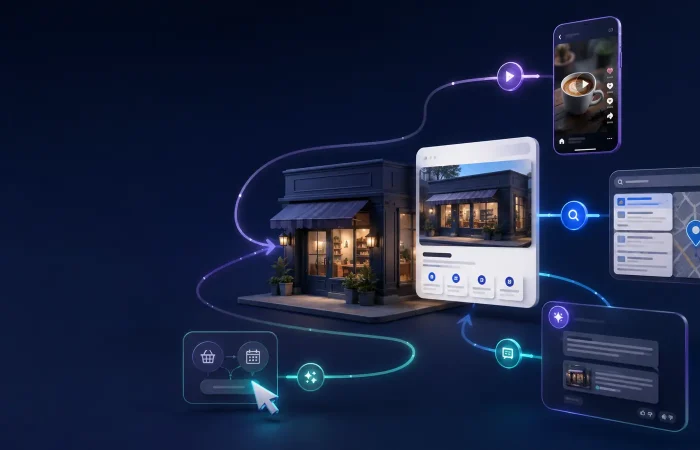 Small business connected to social search, Google Maps, AI answers and an online booking journey