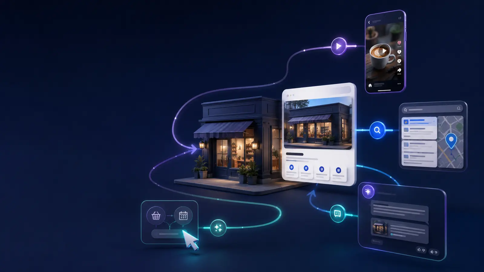 Small business connected to social search, Google Maps, AI answers and an online booking journey
