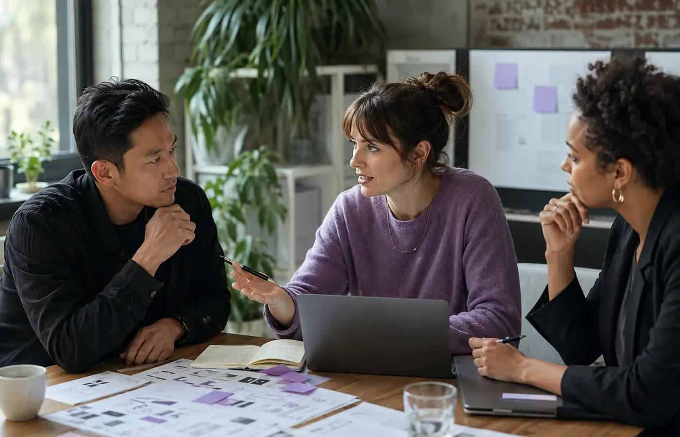Designer, technical specialist and business stakeholder reviewing an AI-assisted workflow together