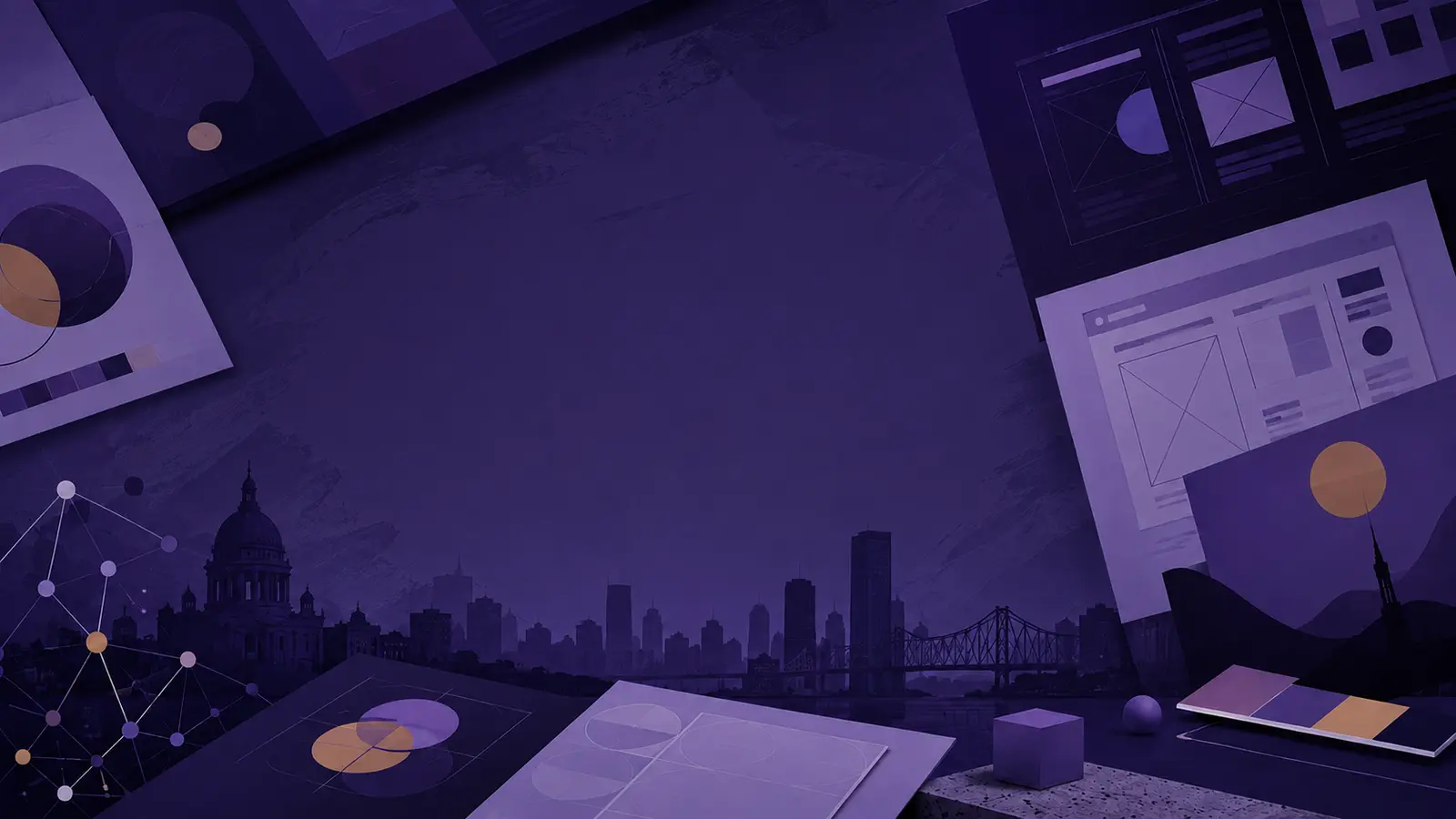 Montreal skyline and graphic design materials illustrating the local creative job market