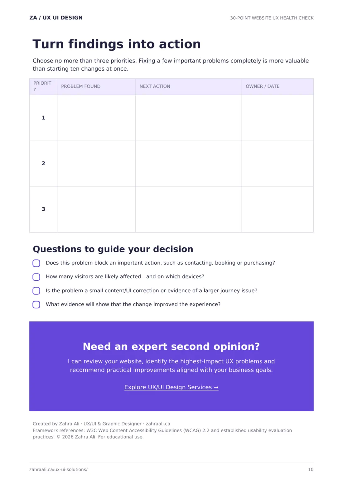 UX audit action plan template for prioritizing three website improvements